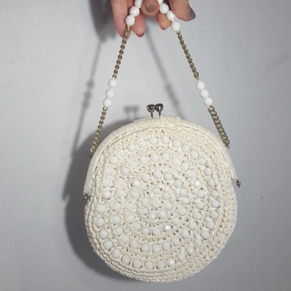 Vintage 60s Woven White Straw & Beaded Handbag by Marcus Brothers of Miami - Picture 5 of 16